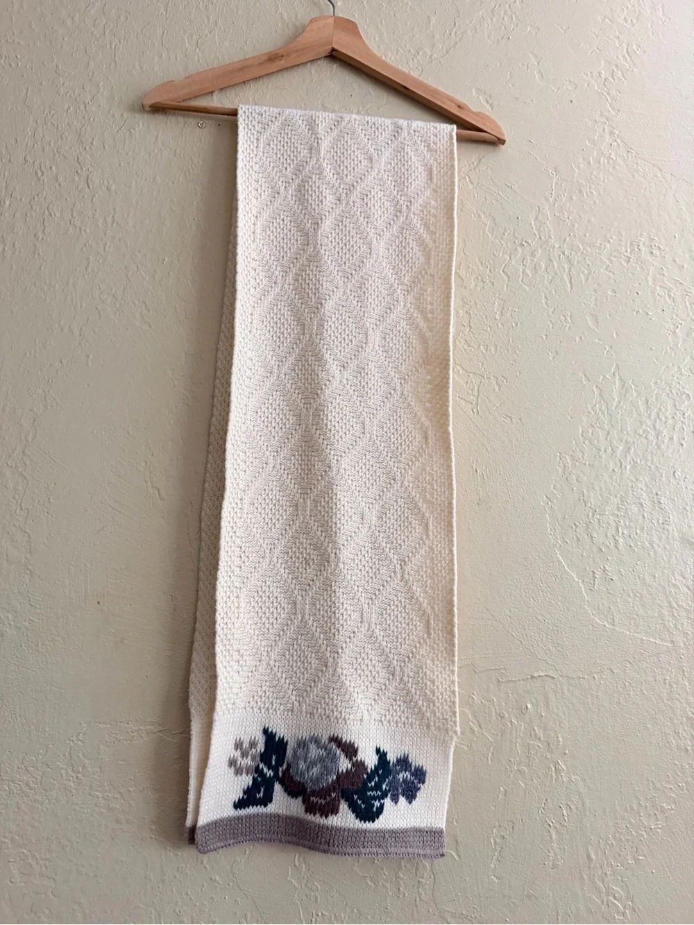 Vintage Cream Knit Scarf with Floral Accent